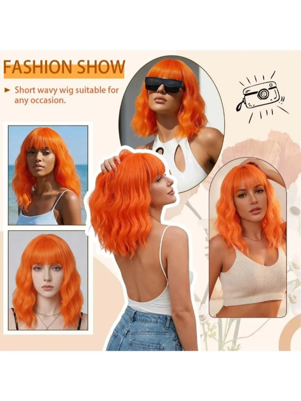 Women's Bright Orange 14 Inch Short Shoulder Length Synthetic Bangs Wavy Bob Wig